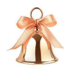 A rose gold bell, adorned with a peach ribbon bow, isolated on transparent background