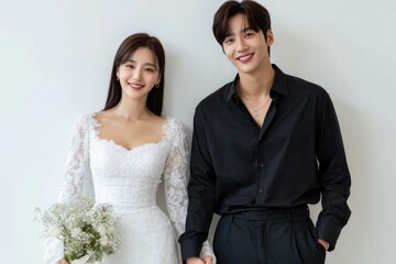 Korean wedding photo, a young couple posing for the camera against a white background, the bride wearing a white dress and the groom in a black suit