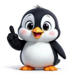 Obraz premium Cartoon Penguin Giving Advice with Finger Pointing Up on White Background