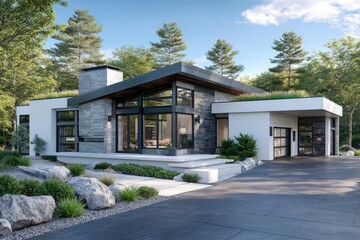 an urban modern house with a green roof, white walls, and concrete accents, surrounded by trees on the sides and front
