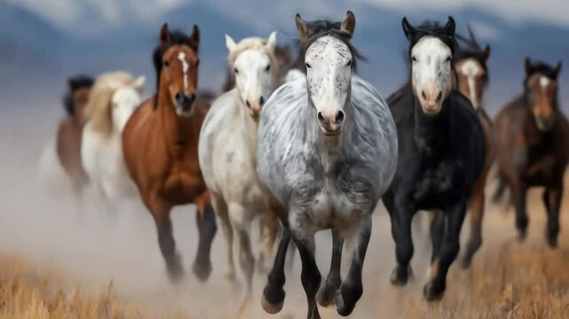 Wild Horses Running with Mountain Background.
