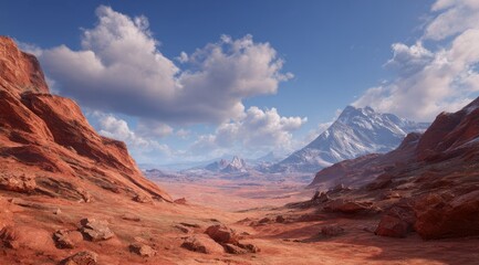 Fototapeta premium A vast, arid landscape unfolds, showcasing red rock formations and a distant, snow-capped mountain range under a partly cloudy sky. The scene evokes a sense of openness and adventure