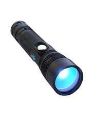 A sleek, black flashlight with a bright, cool-toned light emanating from its head, angled slightly and isolated on a black background