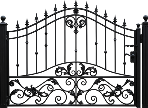 Ornate  metal gate with pillars isolated on transparent background