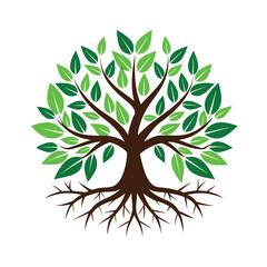 Fototapeta premium Tree roots, leaves vector icon