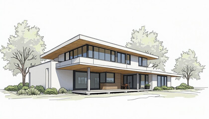 Fototapeta premium A modern two-story home is shown with clean lines and a flat roof surrounded by trees outdoors.