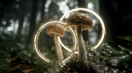 of magnetic rocks levitating in rings around glowing mushrooms