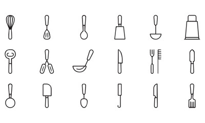 Set of kitchen utensil line icons including spoon fork knife whisk spatula and grater on white background
