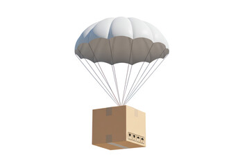 Isolated Cardboard Box Suspended by a White Parachute