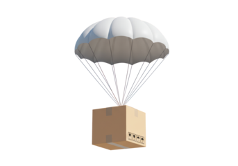 Isolated Cardboard Box Suspended by a White Parachute
