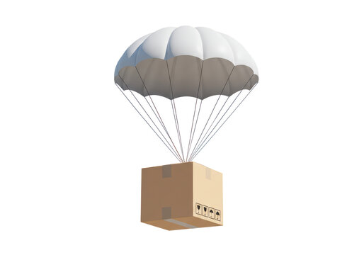 Isolated Cardboard Box Suspended by a White Parachute