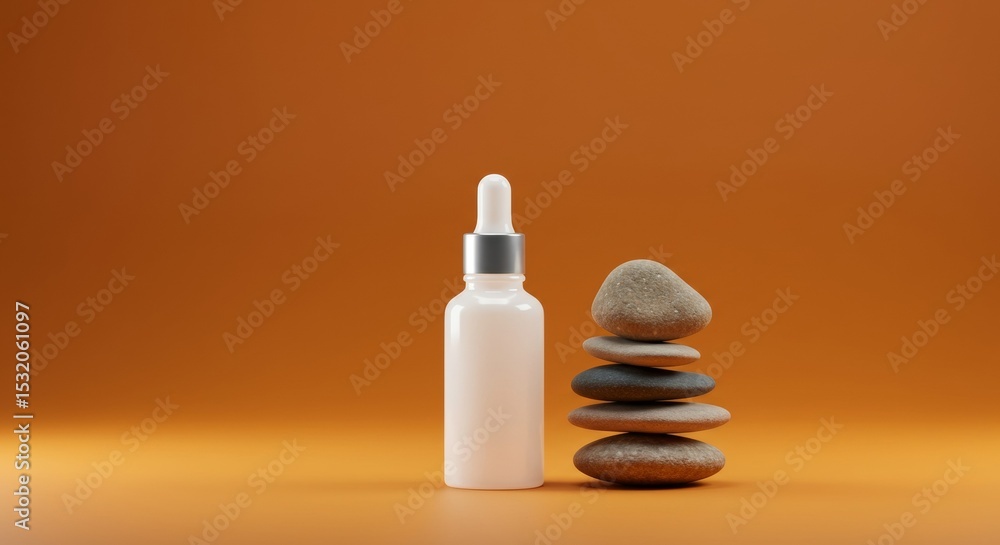 Poster empty white dropper bottle with a stack of balanced stones on an orange background. product display 