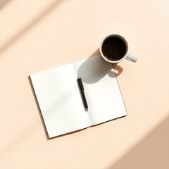 Cup of coffee with blank notepad and pen on a wooden desk for morning work with natural light shadow simple minimalist workspace