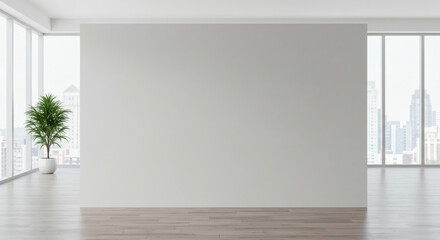 Minimalist interior room with plant and city view