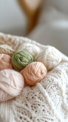 Soft Yarn Balls on Cream Knit Blanket, Pastel Colors, Knitting Project Concept