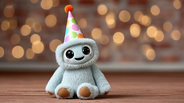 Blue stuffed animal with a party hat on its head. The hat is multi-colored and has a big smile on the animal's face