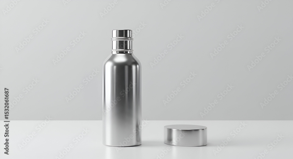 Poster metallic spray bottle mockup on a white surface. empty product display with a neutral backdrop. prof