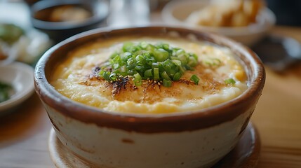 Serving of Savory Egg Custard Topped with Scallions in Bowl