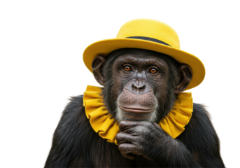 Isolated Chimpanzee Wearing Yellow Hat and Frilly Collar Thinking