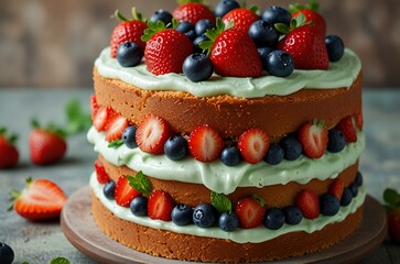 Layered strawberry blueberry cake with mint frosting