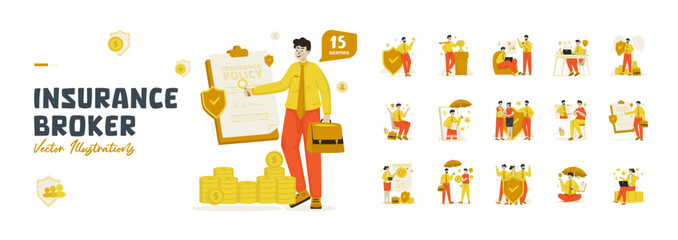 Insurance broker professional vector illustration set