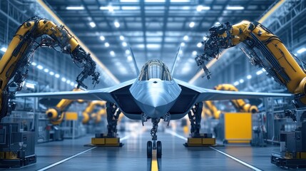 Modern jet aircraft assembly line. Robotic arms work on a futuristic fighter jet in a large hangar