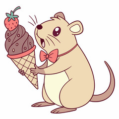 Charming SVG of a Mischievous Quokka featuring wearing a bowtie, styled in a Ice cream party theme with Scoops & Swirls hues