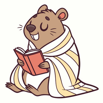 Naklejki Amused Quokka with wrapped in a blanket, set in a charming Bookworm Day theme – Cozy Reading color vector art