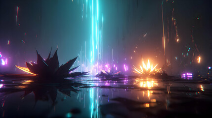 with metallic petals, neon roots, and a digital waterfall flowing upward