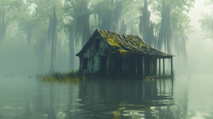 A dilapidated and creepy hut stands on the edge of a fog-shrouded swamp. Its rotting roof bends under the weight of vines and moss, creating an eerie atmosphere.