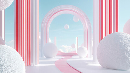 Pastel Fashion Pink and White 3D Landscape with Geometric Arches, Floating Spheres, and Smooth Surfaces, Minimalist Digital Art, Serene and Calm Abstract Design, High-Quality Render