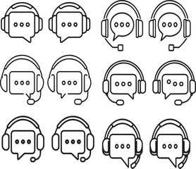 Collection of black and white outline icons depicting customer service and communication headsets
