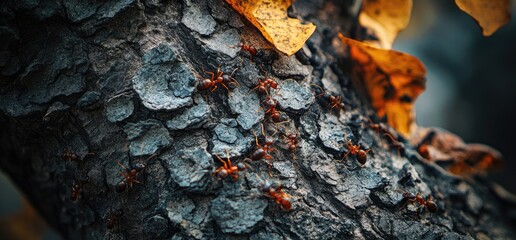 Ants on tree trunk