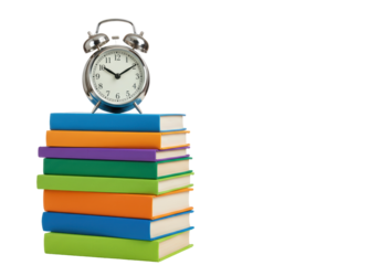Isolated Stack of Colorful Books with Silver Alarm Clock