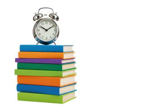 Isolated Stack of Colorful Books with Silver Alarm Clock