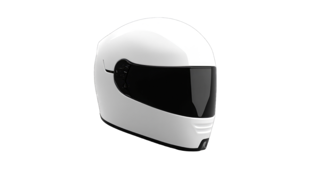 A sleek, white motorcycle helmet with a dark visor is presented in a three-quarter view against a black background.  The helmet's smooth surface and simple design are highlighted