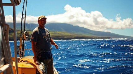 Smiling fisherman on boat