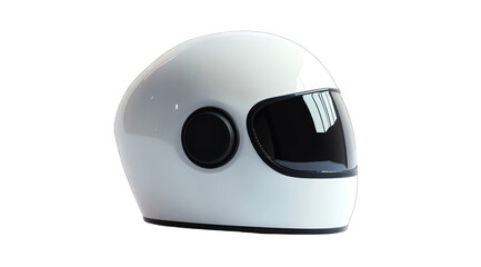 A sleek, white helmet with a dark visor and circular speaker cutouts on the side, shown in a three-quarter profile view against a black background