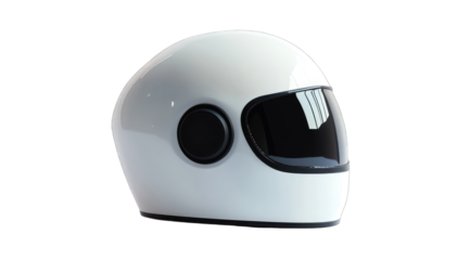 A sleek, white helmet with a dark visor and circular speaker cutouts on the side, shown in a three-quarter profile view against a black background
