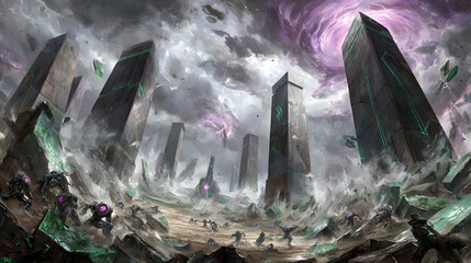 obelisks pulsating with light surrounded by a landscape of shattered glass