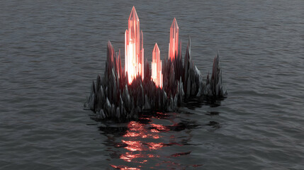 island with glowing red crystals jutting out of black sand beaches