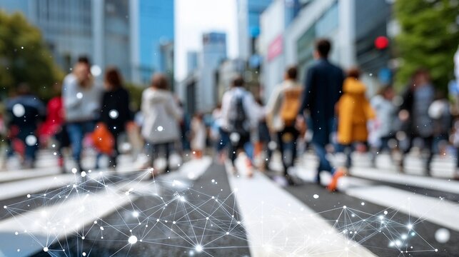 Diverse group of blurred people crossing city street with technological network overlay - urban digital society - Powered by Adobe