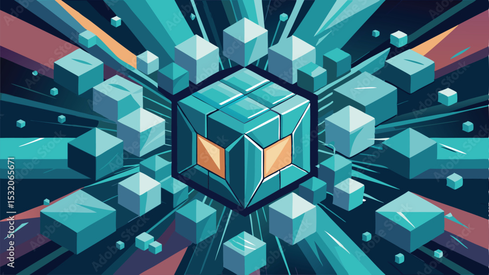 Poster geometric abstract composition of cubes and lines on a teal and orange color scheme