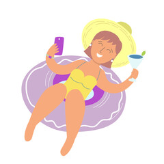 Young woman relaxing on a float in water, sun hat, sunglasses, drink, and phone. Perfect for tropical vacation, pool party, or summer campaign illustrations.