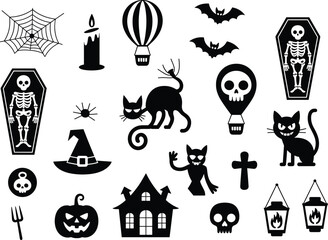 High-quality Halloween vector illustration featuring spooky and fun design elements including ghosts, jack-o'-lanterns, bats, witches, skulls, and spider webs. Perfect for seasonal design projects suc