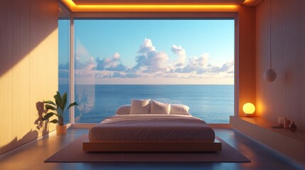 A modern and luxurious bedroom with a large plush bed in the center of the room, a massive window overlooking the endless ocean and minimalistic decor.