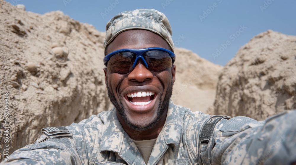 Poster smiling man in a military uniform. he is wearing sunglasses and a hat. he is smiling and looking at 