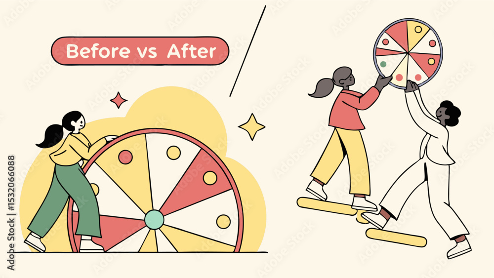 Poster illustration showing before and after comparison with two people interacting with a color wheel disp