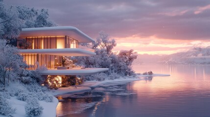 A modern two-story house coated in heavy snow, surrounded by snow-dusted trees and a frozen lake nearby, with a dramatic pink and purple winter sunset in the background.