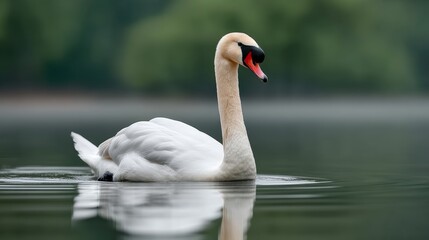 Fototapeta premium Swan is swimming in a lake. The water is calm and the sky is cloudy. The swan is the main focus of the image